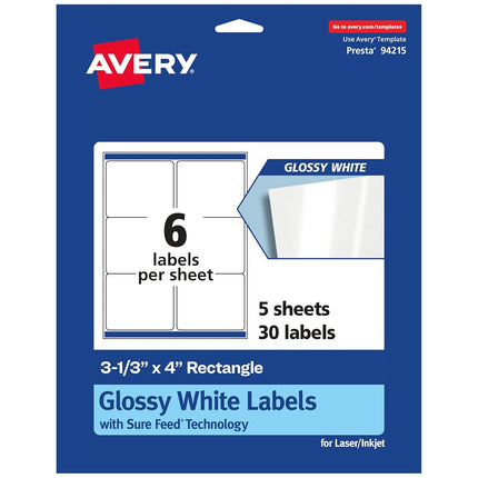 Avery Rectangle Labels with Sure Feed, 3-1/3" x 4", 30 Glossy White Labels (36470)