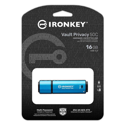 Kingston IronKey Vault Privacy 50 FIPS 197 Certified & XTS-AES 256-bit Encrypted USB TypeC Drive for Data Protection - IKVP50C/16GB