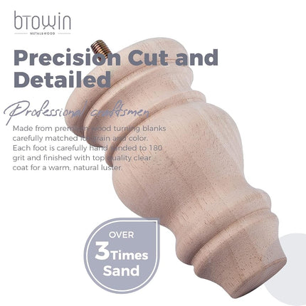 Btowin 5 inch Unfinished Solid Wood Bun Feet with M8 Bolts, Set of 4