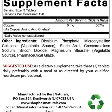 Best Naturals Copper Chelate 6 mg per Serving- 360 Tablets