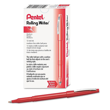 Pentel Rolling Writer Pen, 0.8 Millimeter Cushion Ball Tip, Red Ink, Box of 12 (R100-B) by Pentel