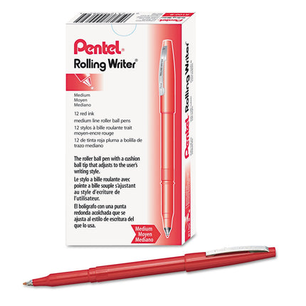 Bolígrafo Pentel Rolling Writer, punta de bola amortiguada de 0,8 milímetros, tinta roja, caja de 12 (R100-B) de Pentel