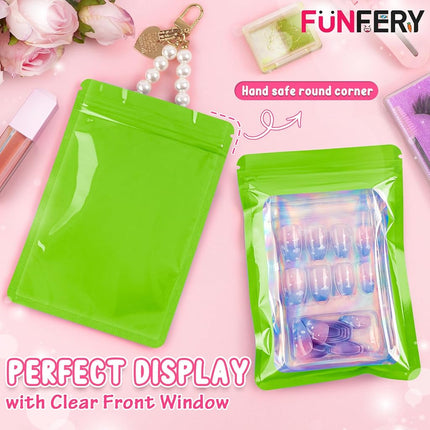 Funfery 100 Pack Resealable Bags Clear Holographic Bags,Smell Proof Packaging Baggies,Mylar Food Storage Bag,Zipper Sealing Pouch for Coffee Beans,Cookies,Jewelry Sample Small Business(Green,7x10in)