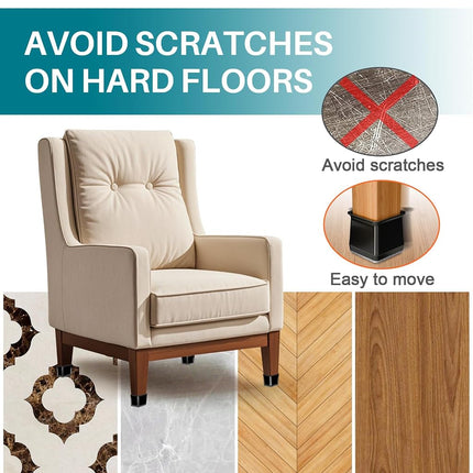 24 Pcs Chair Leg Floor Protectors Square,Black Silicone Felt Furniture Leg Pads Caps Covers for Hardwood Floors(Fit:1-1/16" to 1-5/8")