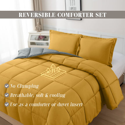 Elegante juego de edredón reversible de 3 piezas de Elegant Comfort, acogedor para todas las estaciones, alternativa suave a la pluma, acolchado – costura de caja – inserto de edredón con 4 pestañas en las esquinas, edredón con fundas, King, amarillo/gris