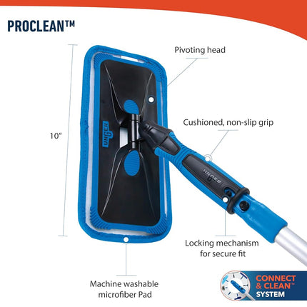 Unger Professional ProClean Indoor Window Cleaning Kit with 2’ Pole, Washing Tool with Swivel Head for Tight Corners and Edges, Streak-Free Results on Glass and Mirrors, Reusable Microfiber Pads