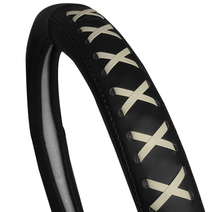 FH Group FH2022 Universal 15 Inch Beige Genuine Leather Steering Wheel Cover with Lace-Up Detailing