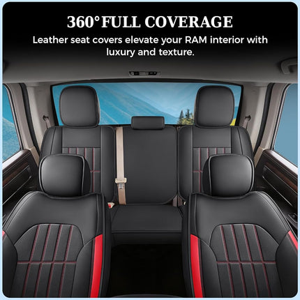 Truckiipa Seat Covers for Dodge Ram 1500 Full Set, Full Coverage Waterproof Leather Protectors Pickup Truck Accessories, Custom Fit for 2002-2025 Ram 1500 2500 3500 Crew Mega Cab, Red