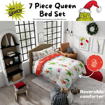 Franco Comforter and Sheet Set with Sham, Microfiber, Grinch-White + Red, 7 Piece Queen Size