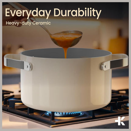 Olla de aluminio de 16 cuartos de galón color crema con tapa, olla antiadherente con revestimiento cerámico, libre de PTFE y PFAS, apta para horno hasta 500°F, asas remachadas de acero inoxidable, tapa de vidrio templado, compatible con todas las estufas