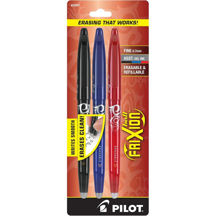 PILOT FriXion Ball Erasable & Refillable Gel Ink Stick Pens, Fine Point, Black/Blue/Red Inks, 3-Pack (31557)