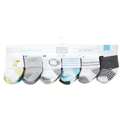Hudson Baby Baby Girls' Cotton Rich Newborn and Terry Socks, Farm 12-pack, 6-12 Months
