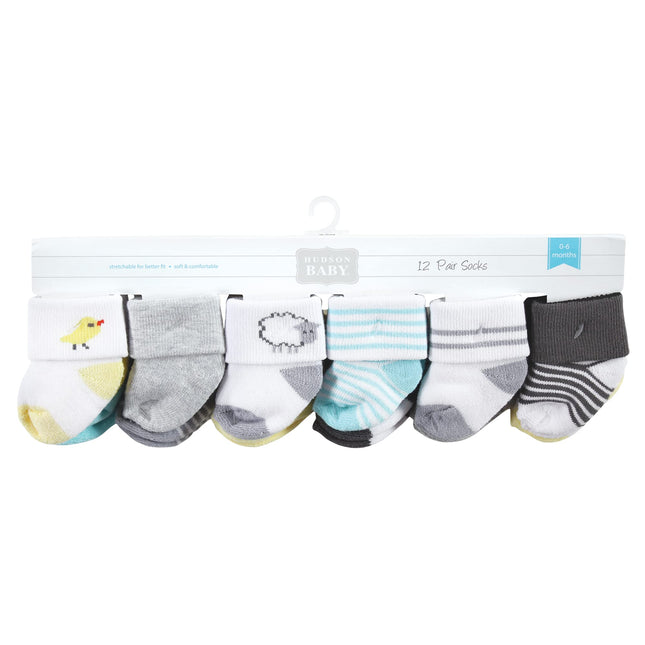 Hudson Baby Baby Girls' Cotton Rich Newborn and Terry Socks, Farm 12-pack, 6-12 Months
