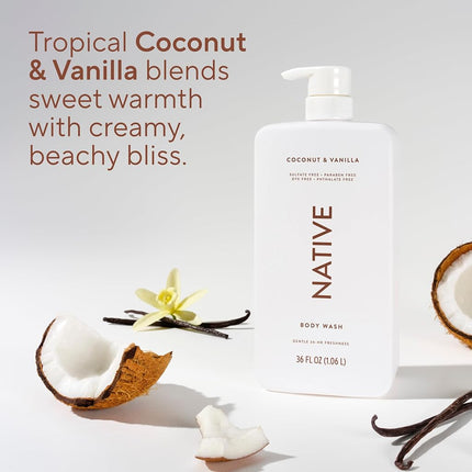 Native Body Wash for Women, Men | Sulfate Free, Paraben Free, Dye Free, with Naturally Derived Clean Ingredients, 36 oz bottle with pump - Pack of 1 (Coconut & Vanilla)
