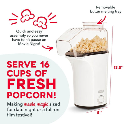 Máquina para hacer palomitas de maíz de aire caliente DASH con taza medidora para dosificar los granos de maíz y derretir mantequilla, 16 tazas - Blanco