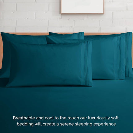 Elegant Comfort 1500 Premium Quality 6-Piece Bed Sheet Set - 18-24 Inch Extra Deep Pocket, Smart Storage Pockets, Wrinkle Free Ultra Soft 6PC Extra Deep Pocket Sheets, California King, Marine Teal