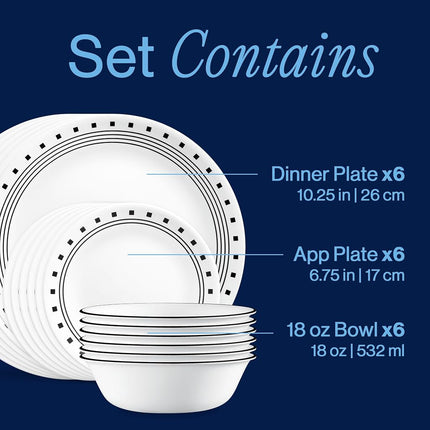 Corelle 18-piece Dinner Set, City Block, Black and White Service for 6, Chip Resistant Dinnerware, Includes 26cm Dinner Plates, 17cm Salad/Side Plates and 530ml Soup/Cereal Bowls
