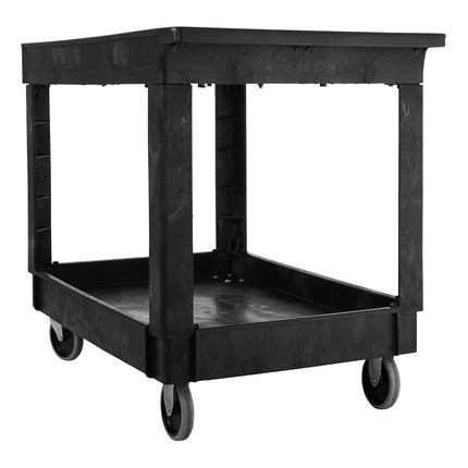 Rubbermaid Commercial Products Heavy-Duty Utility Cart, Flat Handle, 2 Lipped Shelves, Medium, Black (FG452089BLA)