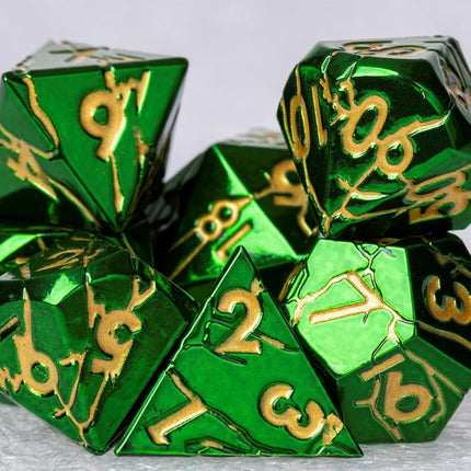 Metal Dice for DND - Ancient Cracked Lightning - Green Gold Cracks