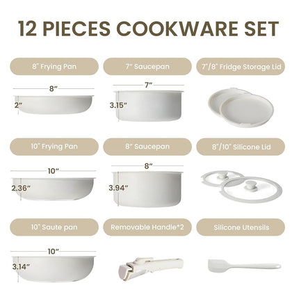 Juego de 12 sartenes y ollas Simple Deluxe, juego de utensilios de cocina antiadherentes, utensilios de cocina de inducción de granito blanco con mango desmontable, apto para horno, libre de PFAS y PFOA, beige