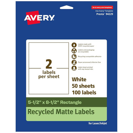 Etiquetas rectangulares recicladas Avery EcoFriendly blancas mate, 5.5" x 8.5", etiquetas blancas mate, adhesivo permanente, imprimibles con láser/inyección de tinta, 100 unidades en total