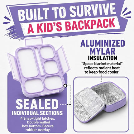 Bento-Box with Bag and Ice Pack Set. Lunch Boxes Snack Containers for Kids Boys Girls Adults. 6 Compartments, Leakproof Portion Container Boxes Insulated Bags for School Lunches, BPA Free, Purple…
