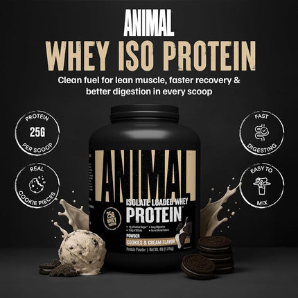 Universal Nutrition Animal Whey Isolate Loaded Whey Protein Powder Supplement, Cookies and Cream, 4 Pound
