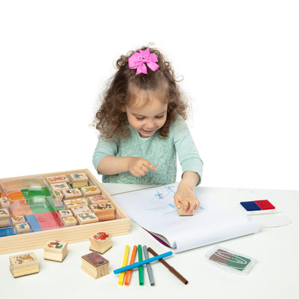 Melissa & Doug Juego de sellos de madera de lujo: animales - 30 sellos, 6 marcadores, 2 almohadillas de tinta