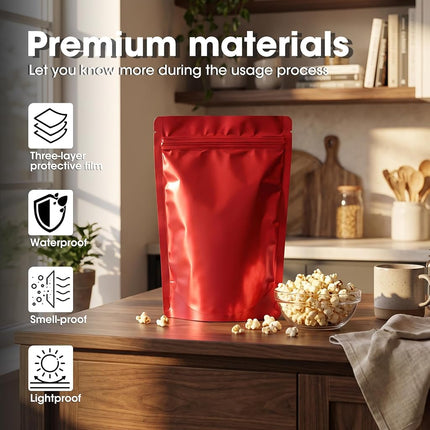 120pcs 7.1"x10.2" Mylar Bags for Food Storage,Smell Proof Bag Resealable Food Storage Bags for Small Business, Treat Snack Stand-up Foil Pouch Packaging Freeze Dried Candy Bag（Red）
