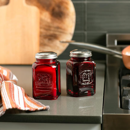 RSVP International Jumbo Retro Glass Salt & Pepper, Screw On Stainless Steel Lid, Each Shaker Holds 8 Ounces, 2.25x2.25x4.7, Red