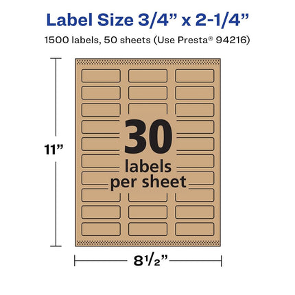 Étiquettes rectangulaires Avery en kraft brun avec Sure Feed, 0,75" x 2,25", 1 500 étiquettes kraft brun, impression bord à bord, imprimables au laser/jet d'encre