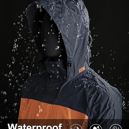 33,000ft Packable Rain Jacket Men's Lightweight Waterproof Rain Shell Jacket Raincoat with Hood for Golf Cycling Windbreaker, Orange/Grey, Large