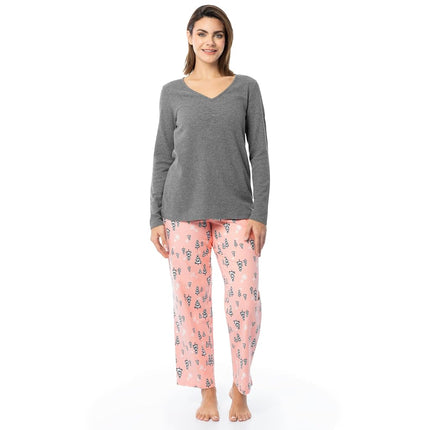 Conjunto de pijama de top de gofre con cuello en V y pantalón de franela para mujer Fruit of the Loom, gris jaspeado/árboles nevados, L