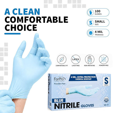ForPro Disposable Nitrile Gloves, Chemical Resistant, Powder-Free, Latex-Free, Non-Sterile, Food Safe, 4 Mil, Blue, Small, 100-Count