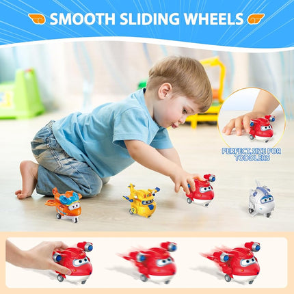 Super Wings - 2" Transform-a-Bots 4-Pack Supercharged Jett, Donnie, Astra, Sunny Airplane Toys Vehicle Mini Figures | Fun Preschool Toy Planes for 3 4 5 Year Old Boys and Girls, US750040A