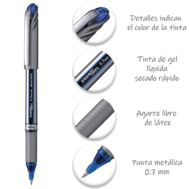 Pentel BL27 Energel Plus Roller Ball Pen, 0.7mm Tip, Blue ink (Pack of 12)