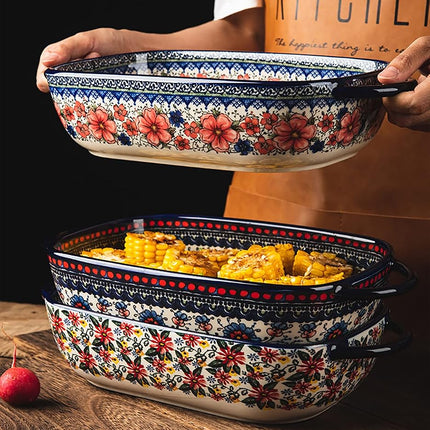 Bicuzat Vintage Style Pottery Bakeware Ceramic Casserole Dish Baking Pan Lasagna Pans Baking Dish with Handles for Oven/Cooking/Kitchen-1 PCS, Large Capacity, 60 OZ