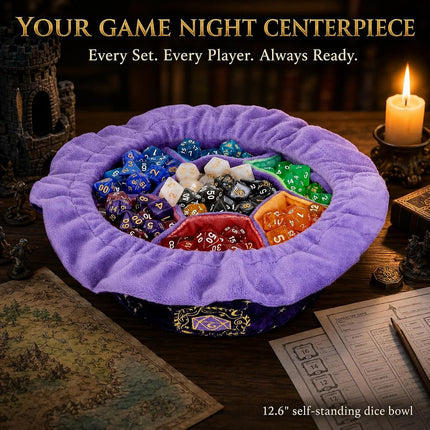 ANZOME DND Dice Bags with Pockets Drawstring Dice Bag Dice Storage Bag Big Capacity Dice Velvet Pouch for RPG MTG Table Games, Capacity Over 200 Dice (Purple)