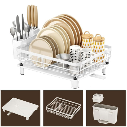 AIDERLY Iron Dish Drying Rack with Drainboard Dish Drainers for Kitchen Counter Extendable Spout Strainers with Utensil Holder and Knife Slots, White