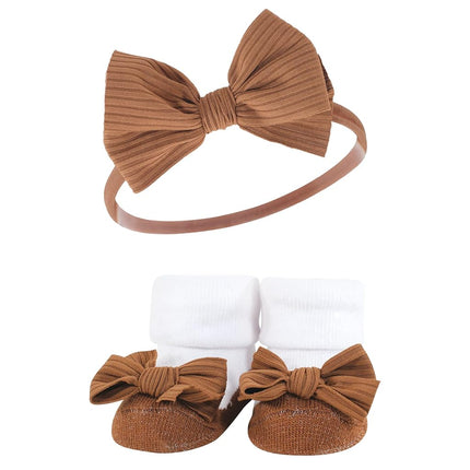 Hudson Baby Girl's Headband and Socks Giftset, Black Stripe Neutrals, One Size