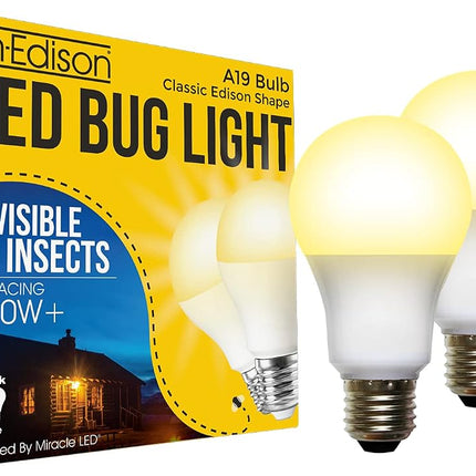 Un-Edison A19 LED Bug Light - Replaces 100W - Yellow Spectrum E26 Medium Outdoor Bulb for Porch Porch Patio and Deck - Upgrade your Old Painted Insect Bulbs to Amber Glow 2 Pack