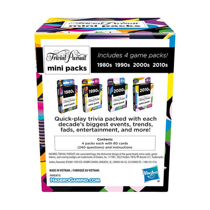 Trivial Pursuit mini packs, multipack, fun questions for adults and young people aged 16 and over, contains 4 games spanning 4 decades, language - English