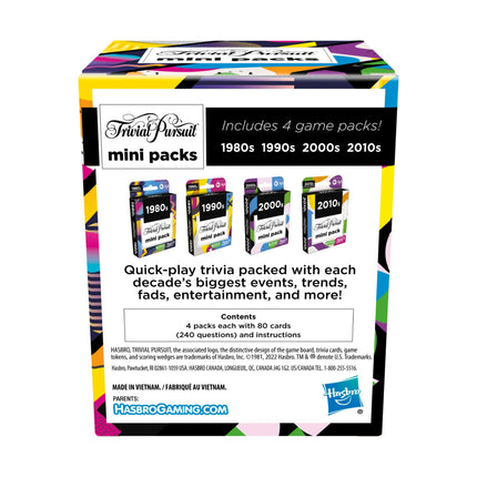 Trivial Pursuit mini packs, multipack, fun questions for adults and young people aged 16 and over, contains 4 games spanning 4 decades, language - English