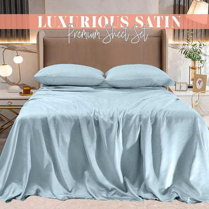 Elegant Comfort Luxurious 4-Piece Silky Satin Sheet Set, Skin and Hair Friendly, Wrinkle, Fade, Stain Resistant with Deep Pockets Fitted Sheet, Cooling Soft Satin Sheet Set, Queen, Baby Blue