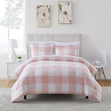 Parure de lit 7 pièces avec couette de couleur unie toutes saisons, couverture douce en duvet alternatif et draps de lit luxueux en microfibre, King size, Blush à carreaux