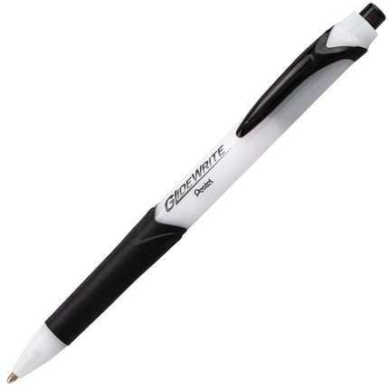 Pentel Pens, GlideWrite Ballpoint Pen with TechniFLO Ink - Bulk Pack of 12 BLACK Ink Pens 1.0mm with Retractable Barrel Design - Easy Grip & Smooth Writing, Metal Tip, Medium point pen.