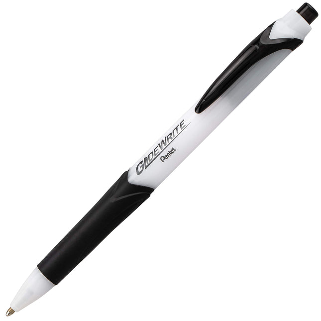 Pentel Pens, GlideWrite Ballpoint Pen with TechniFLO Ink - 6 colored pens, assorted ink 1.0mm with Retractable Barrel Design - Easy Grip & Smooth Writing, Metal Tip, Medium point pen.