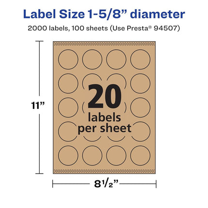 Avery Kraft Brown Round Labels with Sure Feed, 1-5/8" Diameter, 2,000 Kraft Brown Labels, Print-to-The-Edge, Laser/Inkjet Printable Labels