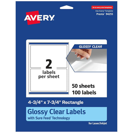 Etiquetas Rectangulares Brillantes Transparentes Avery con Sure Feed, 4.75" x 7.75", 100 Etiquetas Brillantes Transparentes, Impresión hasta el Borde, Etiquetas Imprimibles con Láser/Inyección de Tinta