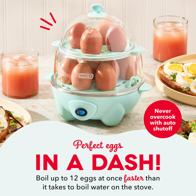 Cocinador de huevos rápido Dash Deluxe para huevos duros, escalfados, revueltos, tortillas, verduras al vapor, dumplings y más, capacidad para 12, con función de apagado automático - Aqua